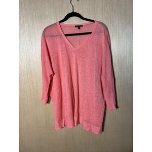 Eileen Fisher Womens Large Coral Pink 100% Linen V-Neck Oversized Tunic Sweater